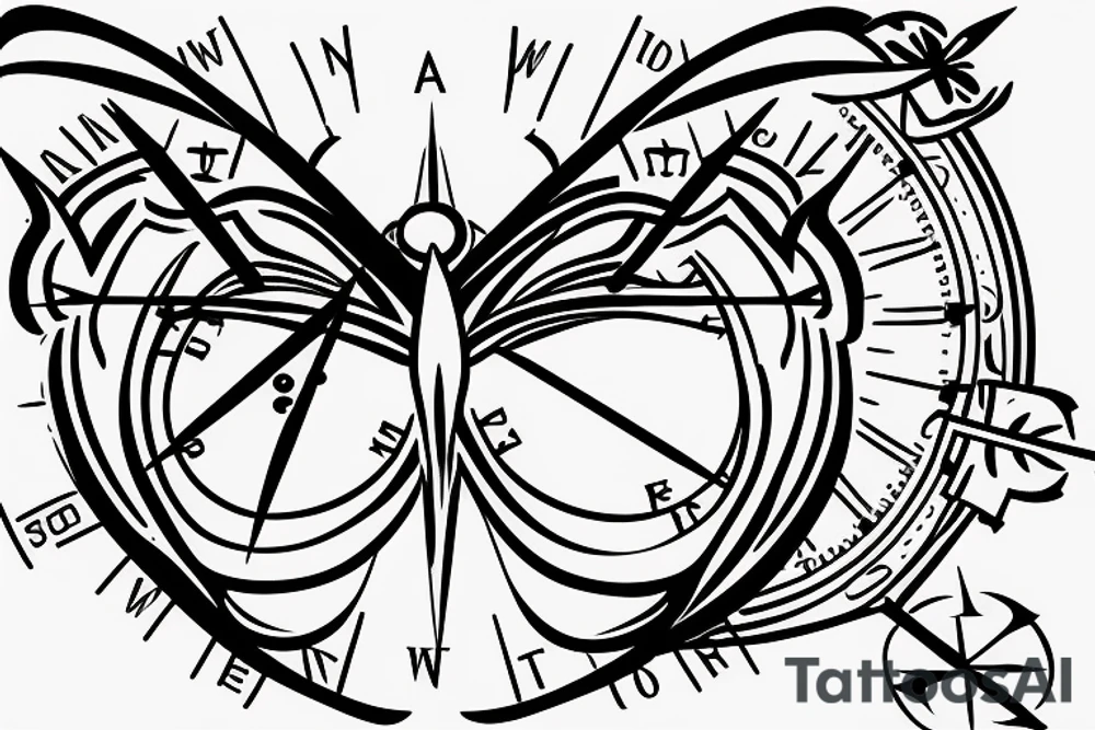 thin tattoo with a broken compass, a butterfly tattoo idea thin tattoo with a broken compass, a butterfly tattoo idea