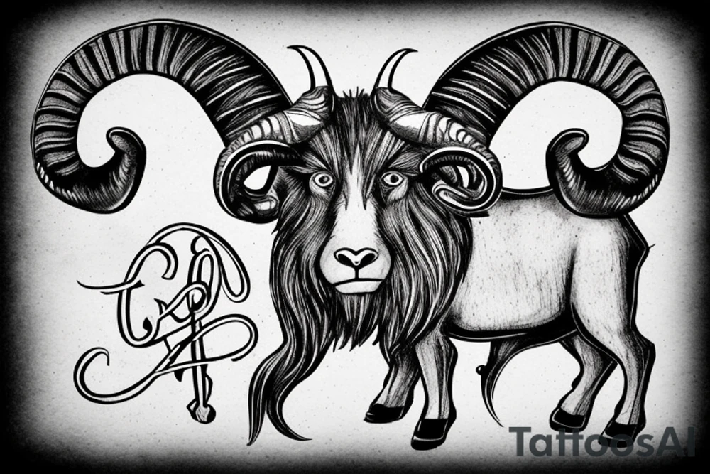 An old ram with a beard and large horns that look like the letter G tattoo idea