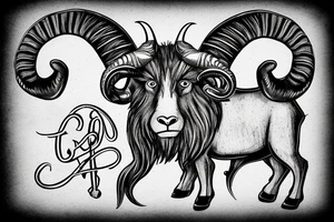An old ram with a beard and large horns that look like the letter G tattoo idea