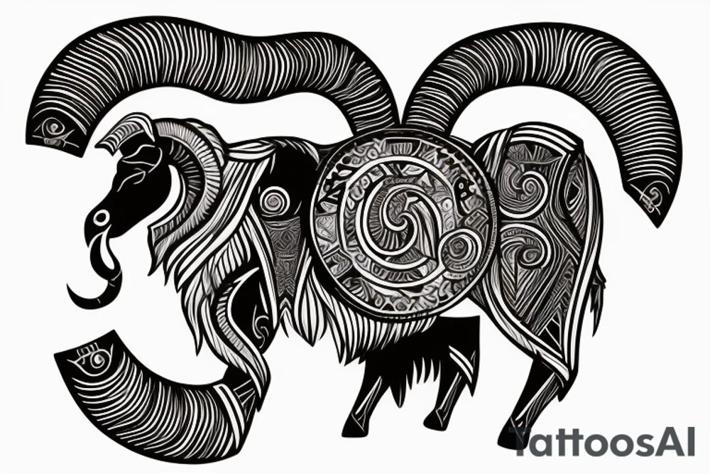 An old ram with a beard and large horns that look like the letter G tattoo idea