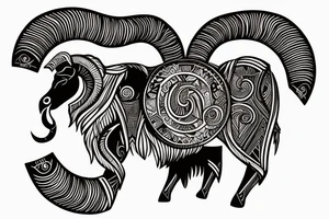An old ram with a beard and large horns that look like the letter G tattoo idea