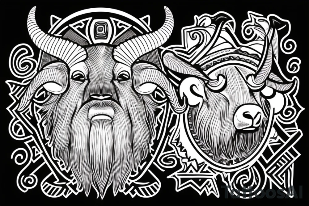An old ram with a beard and large horns that look like the letter G tattoo idea