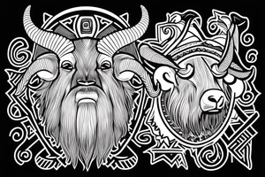 An old ram with a beard and large horns that look like the letter G tattoo idea