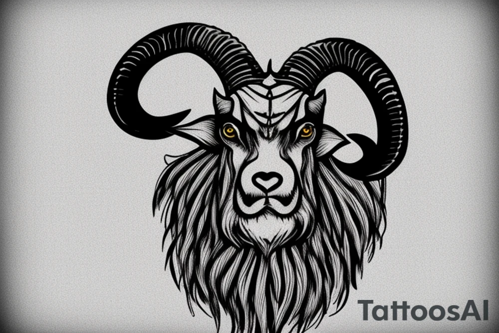 An old ram with a beard and large horns that look like the letter G tattoo idea