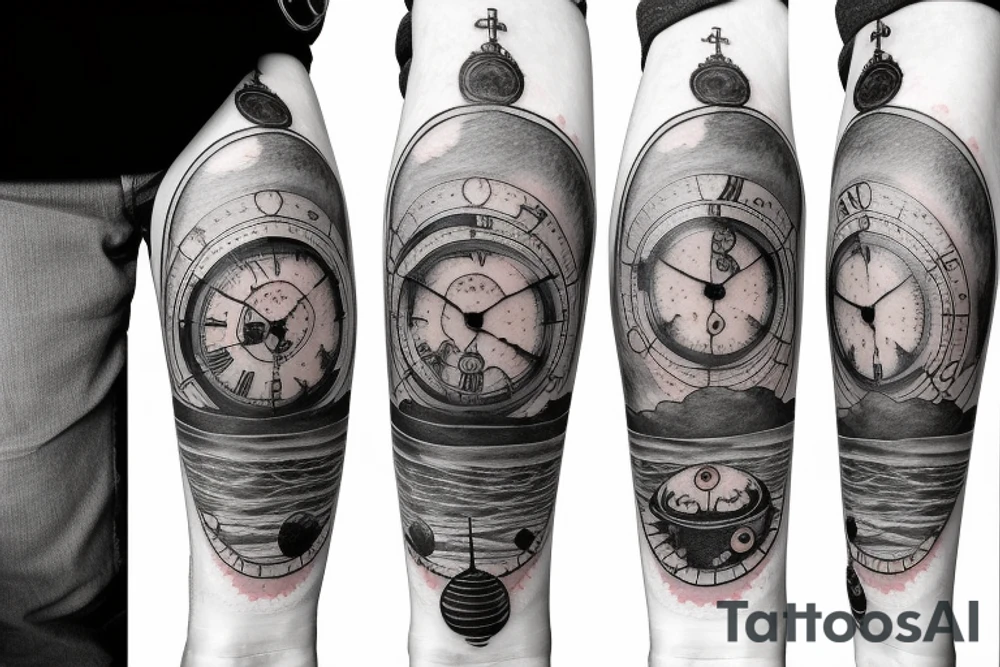 A grandfather clock with planets instead of weights tattoo idea