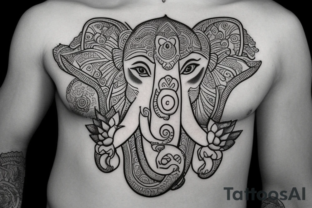 ganesha pectoral tat with a lotus flower over his head and a small mouse underneath his image. tattoo idea