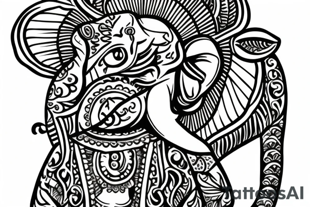 ganesha pectoral tat with a lotus flower over his head and a small mouse underneath his image. tattoo idea