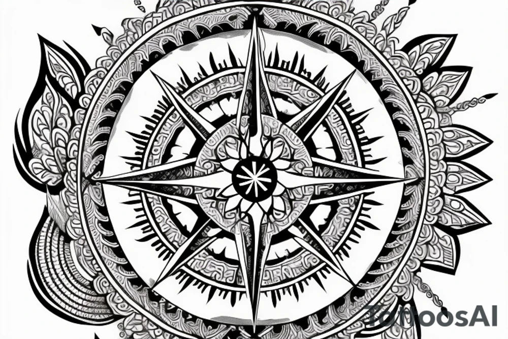 Compass, Arrow, Mandala, Hummingbird, horse, turtle, melia flower, dolphin tattoo idea