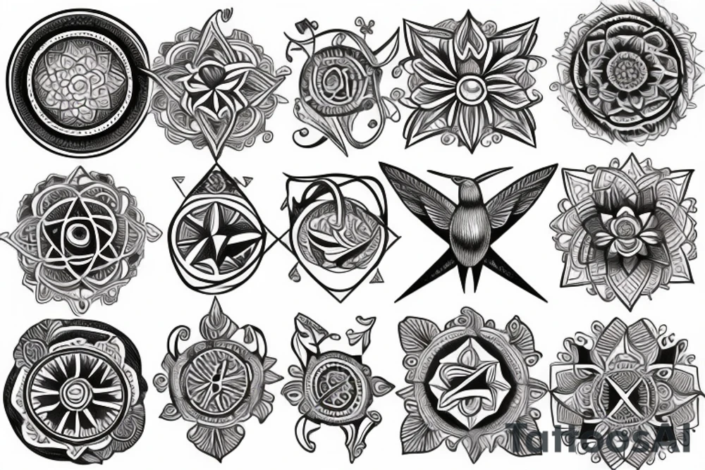 Compass, Arrow, Mandala, Hummingbird, horse, turtle, melia flower, dolphin tattoo idea