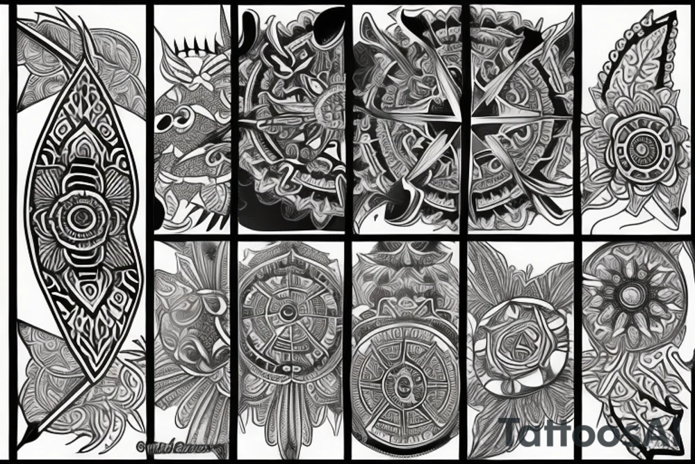 Creat a sleeve that combines a Compass, Arrow, Mandala, Hummingbird, horse, turtle, melia flower, dolphin, maple leaf, and four leaf clover tattoo idea