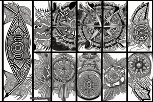 Creat a sleeve that combines a Compass, Arrow, Mandala, Hummingbird, horse, turtle, melia flower, dolphin, maple leaf, and four leaf clover tattoo idea