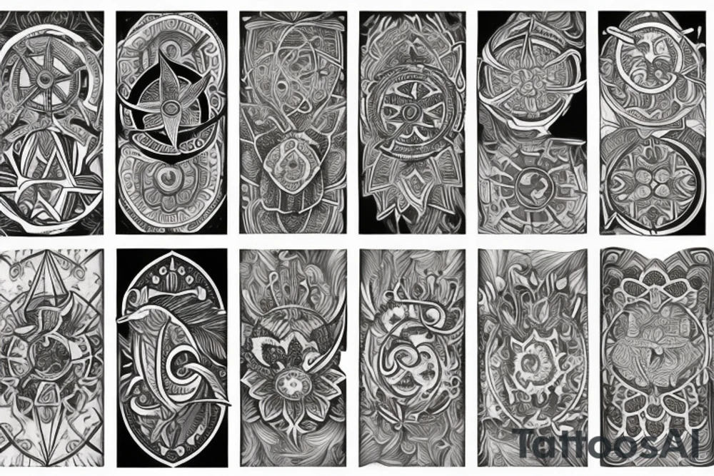 Creat a sleeve that combines a Compass, Arrow, Mandala, Hummingbird, horse, turtle, melia flower, dolphin, maple leaf, and four leaf clover tattoo idea