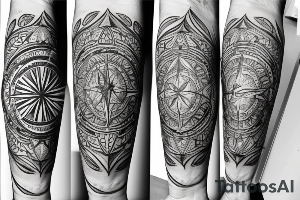 Create an arm sleeve tattoo that combines a Compass, Arrow, Mandala, Hummingbird, horse, turtle, melia flower, dolphin, maple leaf, and four leaf clover tattoo idea