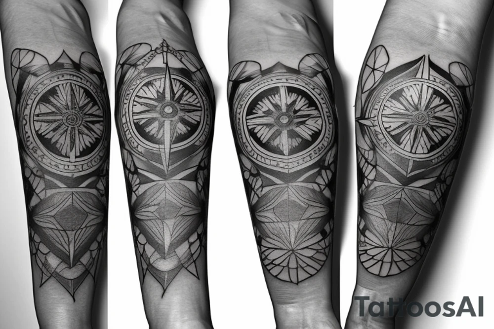 Create an arm sleeve tattoo that combines a Compass, Arrow, Mandala, Hummingbird, horse, turtle, melia flower, dolphin, maple leaf, and four leaf clover tattoo idea