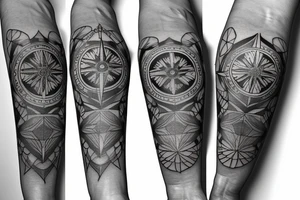 Create an arm sleeve tattoo that combines a Compass, Arrow, Mandala, Hummingbird, horse, turtle, melia flower, dolphin, maple leaf, and four leaf clover tattoo idea