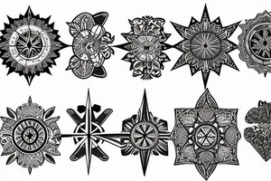 Create an arm sleeve tattoo that combines a cardinal Compass, Arrow, Mandala, Hummingbird, horse, turtle, melia flower, dolphin, maple leaf, and four leaf clover tattoo idea