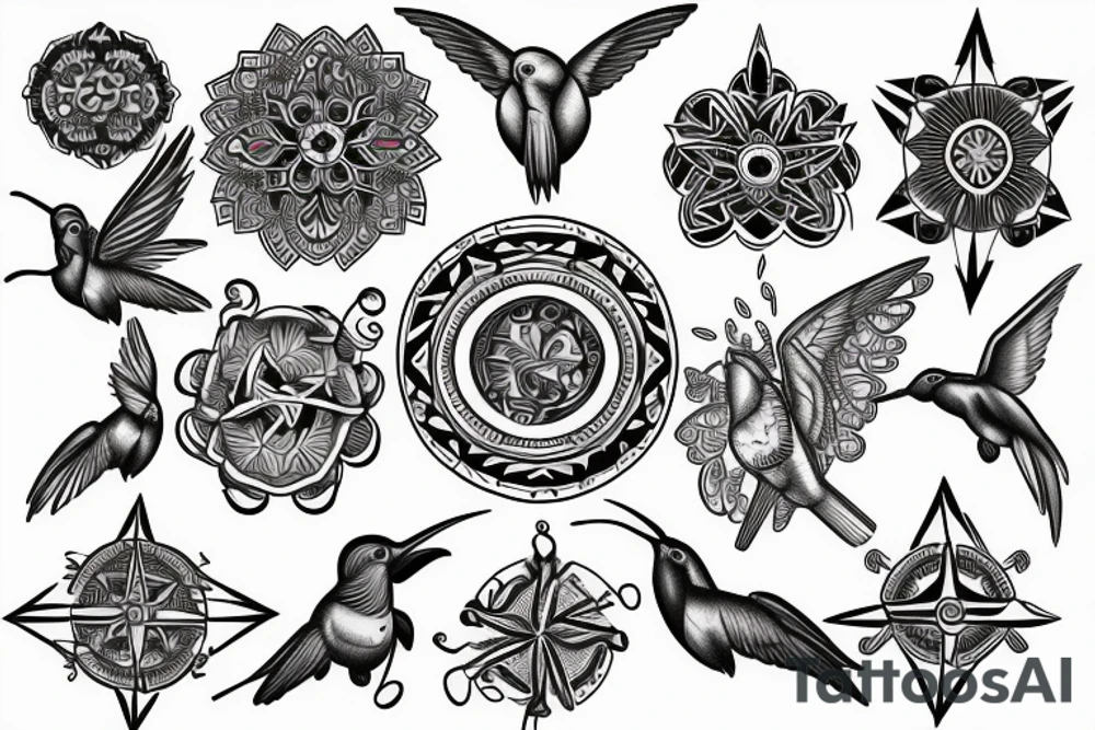 Create an arm sleeve tattoo that combines a cardinal Compass, Arrow, Mandala, Hummingbird, horse, turtle, melia flower, dolphin, maple leaf, and four leaf clover tattoo idea