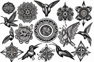 Create an arm sleeve tattoo that combines a cardinal Compass, Arrow, Mandala, Hummingbird, horse, turtle, melia flower, dolphin, maple leaf, and four leaf clover tattoo idea