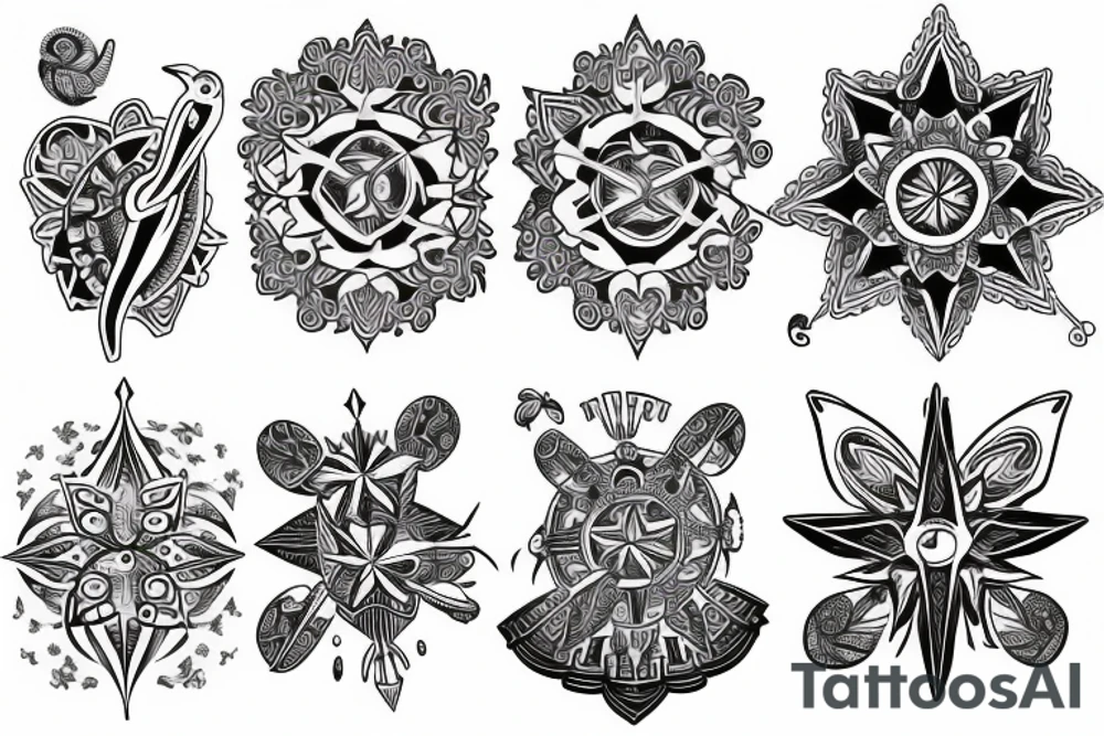 Create an arm sleeve tattoo that combines a cardinal Compass, Arrow, Mandala, Hummingbird, horse, turtle, melia flower, dolphin, maple leaf, and four leaf clover tattoo idea