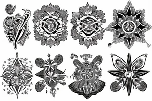 Create an arm sleeve tattoo that combines a cardinal Compass, Arrow, Mandala, Hummingbird, horse, turtle, melia flower, dolphin, maple leaf, and four leaf clover tattoo idea