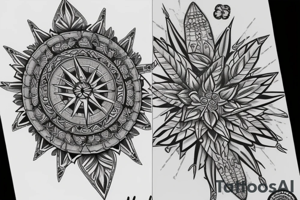 Create an arm sleeve tattoo that combines a cardinal Compass, Arrow, Mandala, Hummingbird, horse, turtle, melia flower, dolphin, maple leaf, and four leaf clover tattoo idea
