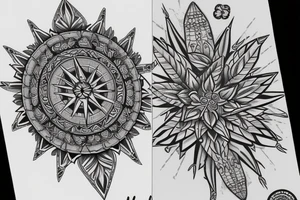Create an arm sleeve tattoo that combines a cardinal Compass, Arrow, Mandala, Hummingbird, horse, turtle, melia flower, dolphin, maple leaf, and four leaf clover tattoo idea