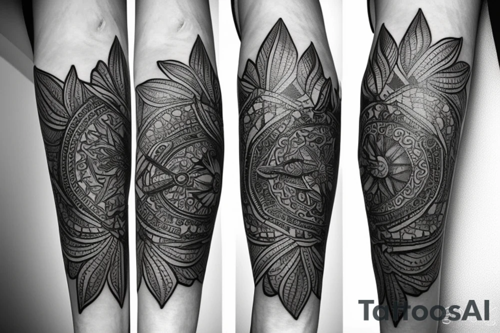 Create an arm sleeve tattoo that combines a cardinal Compass, Arrow, Mandala, Hummingbird, horse, turtle, melia flower, dolphin, maple leaf, and four leaf clover tattoo idea