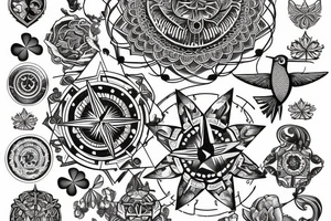 Create an arm sleeve tattoo that combines a cardinal Compass, Arrow, Mandala, Hummingbird, horse, turtle, melia flower, dolphin, maple leaf, and four leaf clover tattoo idea