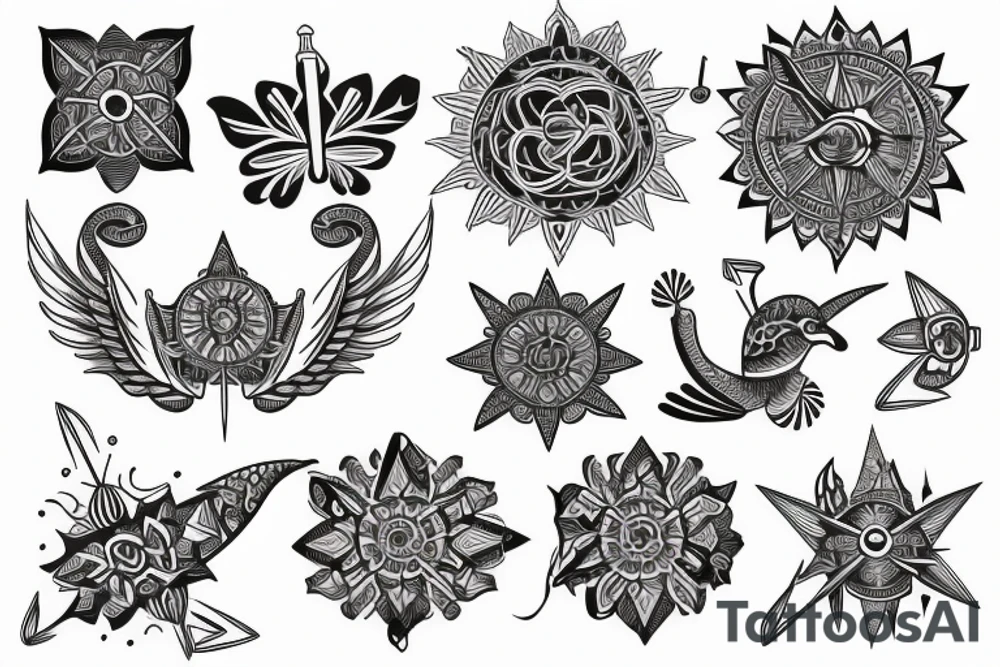 Create an long arm sleeve tattoo that combines a cardinal Compass, Arrow, Mandala, Hummingbird, horse, turtle, melia flower, dolphin, maple leaf, and four leaf clover tattoo idea