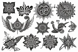 Create an long arm sleeve tattoo that combines a cardinal Compass, Arrow, Mandala, Hummingbird, horse, turtle, melia flower, dolphin, maple leaf, and four leaf clover tattoo idea