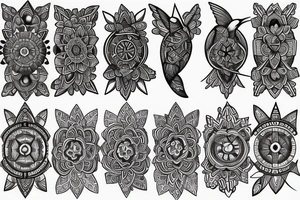 Create an long arm sleeve tattoo that combines a cardinal Compass, Arrow, Mandala, Hummingbird, horse, turtle, melia flower, dolphin, maple leaf, and four leaf clover tattoo idea