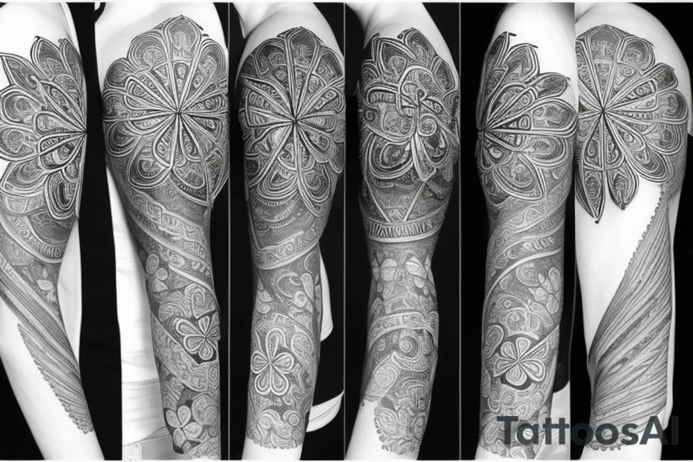 Create an long arm sleeve tattoo that combines a cardinal Compass, long Arrow, Mandala, Hummingbird, horse, turtle, melia flower, dolphin, maple leaf, and four leaf clover tattoo idea