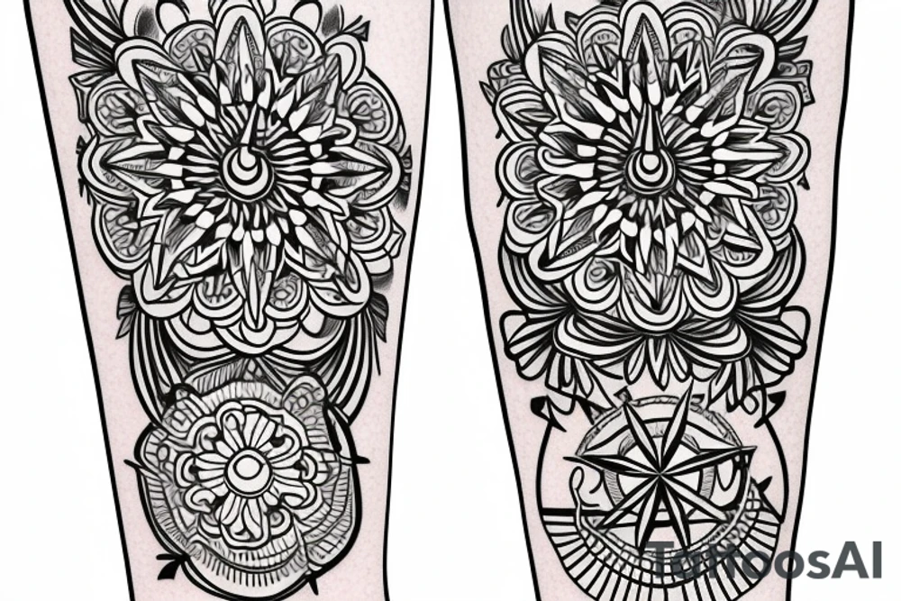 Create an long arm sleeve tattoo that combines a cardinal Compass, long Arrow, Mandala, Hummingbird, horse, turtle, melia flower, dolphin, maple leaf, and four leaf clover tattoo idea