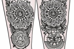 Create an long arm sleeve tattoo that combines a cardinal Compass, long Arrow, Mandala, Hummingbird, horse, turtle, melia flower, dolphin, maple leaf, and four leaf clover tattoo idea