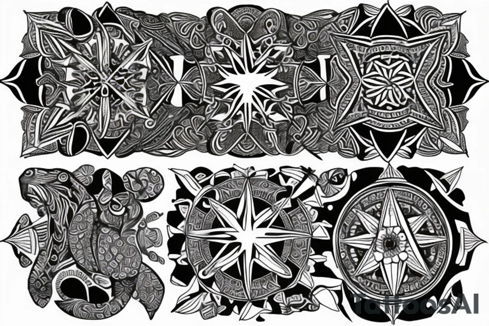 Create an long arm sleeve tattoo that combines a cardinal Compass, long Arrow, Mandala, Hummingbird, horse, turtle, melia flower, dolphin, maple leaf, and four leaf clover tattoo idea