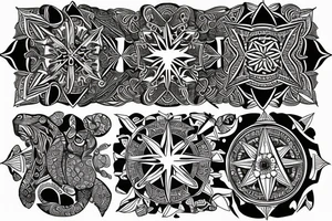 Create an long arm sleeve tattoo that combines a cardinal Compass, long Arrow, Mandala, Hummingbird, horse, turtle, melia flower, dolphin, maple leaf, and four leaf clover tattoo idea