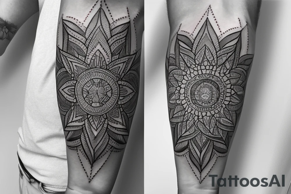 Create an long arm sleeve tattoo that combines a cardinal Compass, long Arrow, Mandala, Hummingbird, horse, turtle, melia flower, dolphin, maple leaf, and four leaf clover tattoo idea