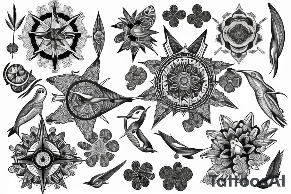 Create an long arm sleeve tattoo that combines a cardinal Compass, long Arrow, Mandala, Hummingbird, horse, turtle, melia flower, dolphin, maple leaf, and four leaf clover tattoo idea