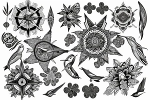 Create an long arm sleeve tattoo that combines a cardinal Compass, long Arrow, Mandala, Hummingbird, horse, turtle, melia flower, dolphin, maple leaf, and four leaf clover tattoo idea
