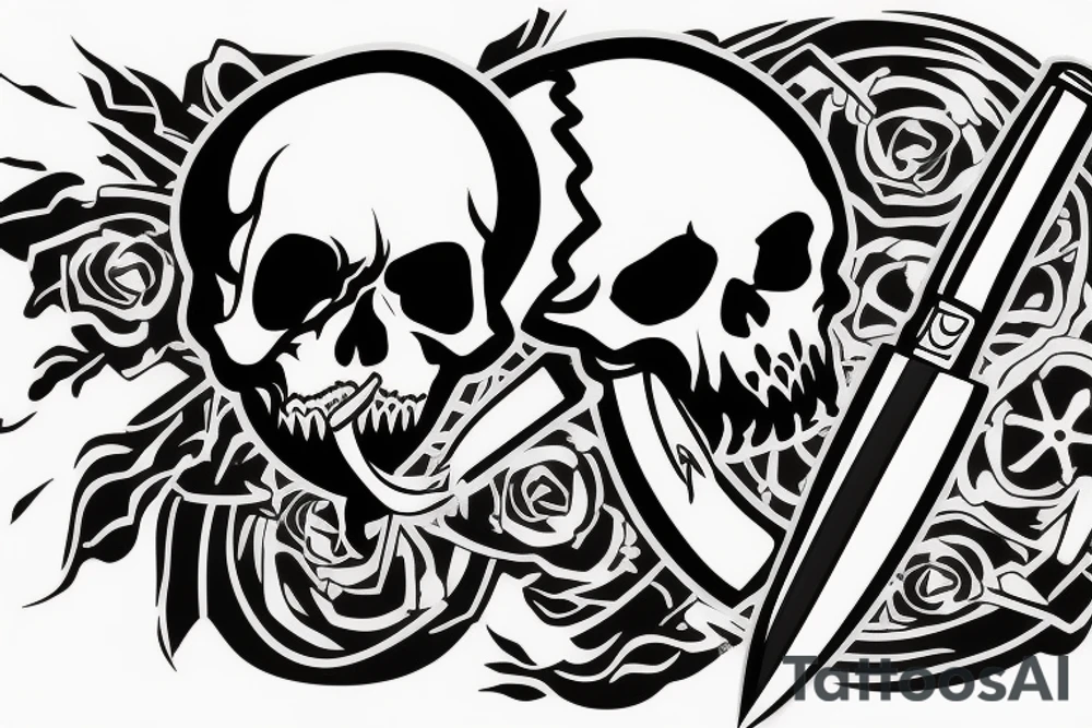 army skull with knife in mouth and explosions tattoo idea