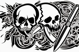 army skull with knife in mouth and explosions tattoo idea