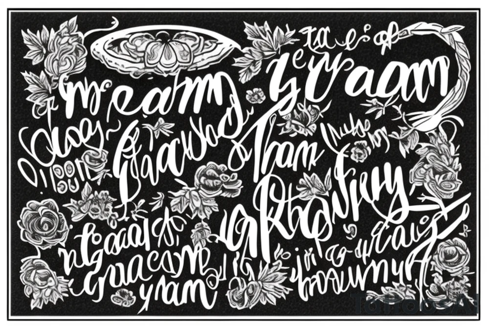 Tattoo in fine strokes and black work style the phrase: I am grateful for everything I have, everything I know, everything I am tattoo idea