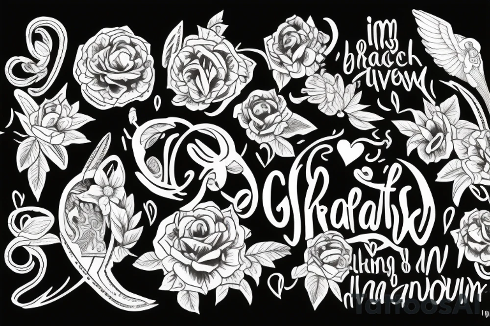 Tattoo in fine strokes and black work style the phrase: I am grateful for everything I have, everything I know, everything I am tattoo idea