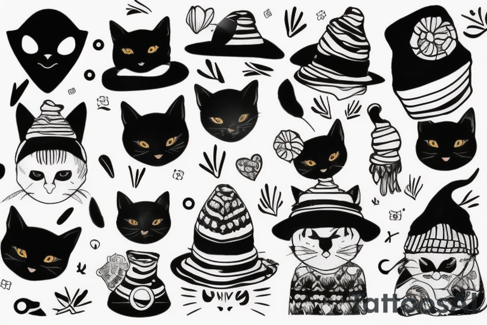 black cat with a funny hat and a sweater tattoo idea