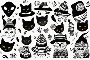 black cat with a funny hat and a sweater tattoo idea