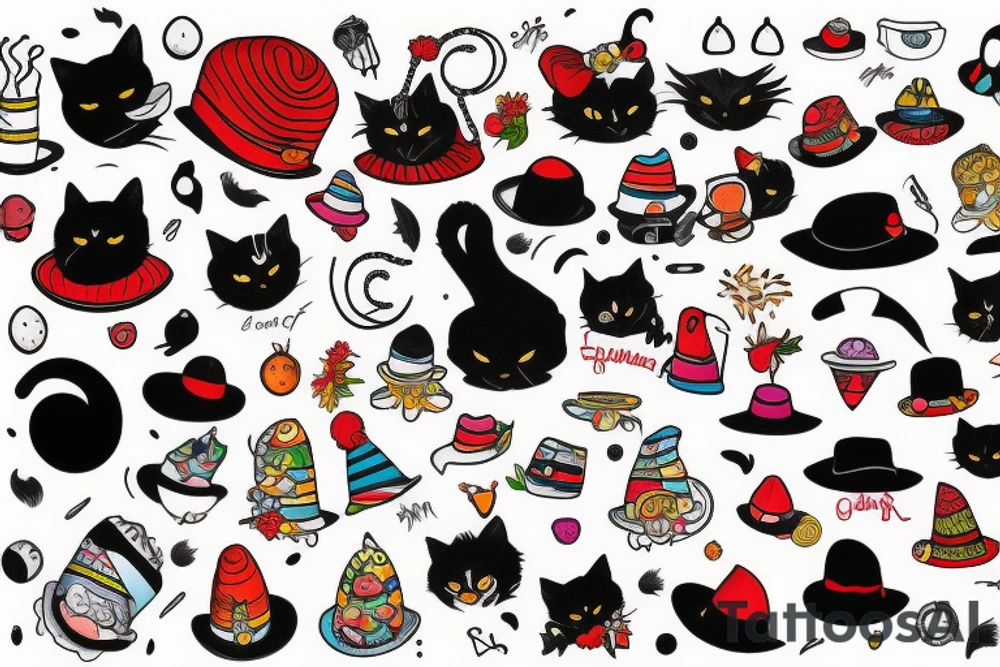 black cat with a funny hat and a sweater tattoo idea