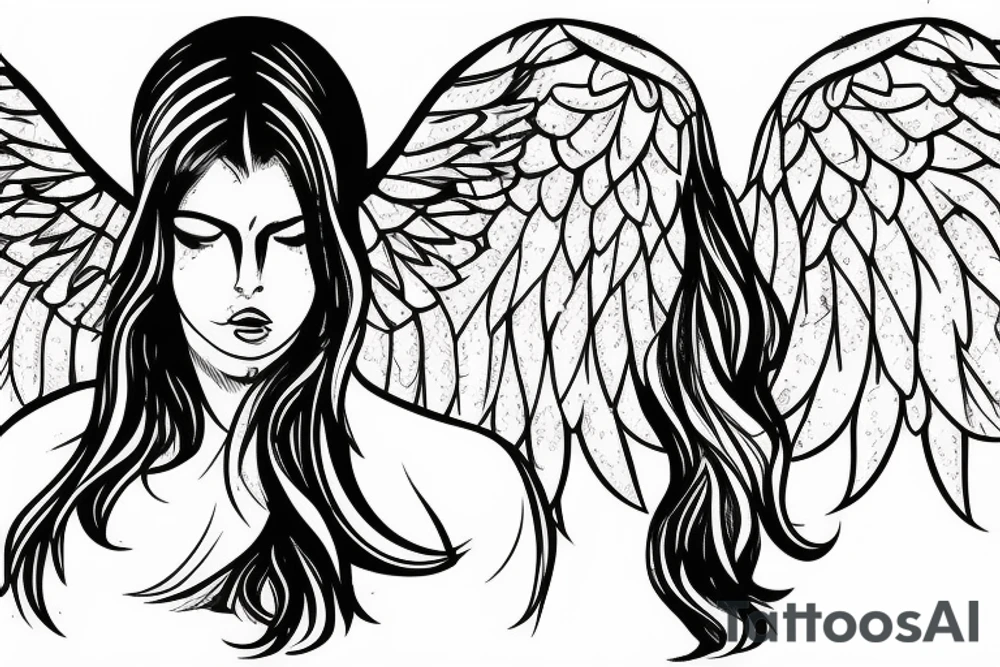 angel wings across shoulders with praying hands. heaven and hell scene below with realistic female face tattoo idea