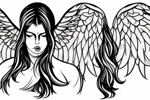 angel wings across shoulders with praying hands. heaven and hell scene below with realistic female face tattoo idea