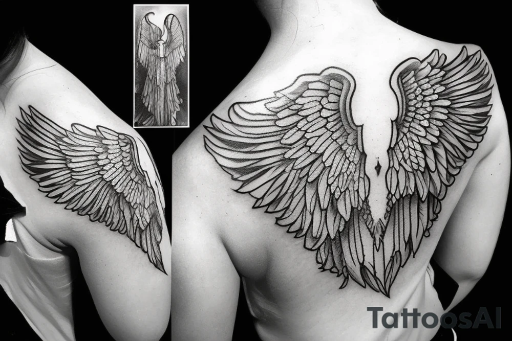 angel wings across shoulders with praying hands. heaven and hell scene below with realistic female face tattoo idea