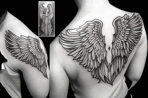 angel wings across shoulders with praying hands. heaven and hell scene below with realistic female face tattoo idea